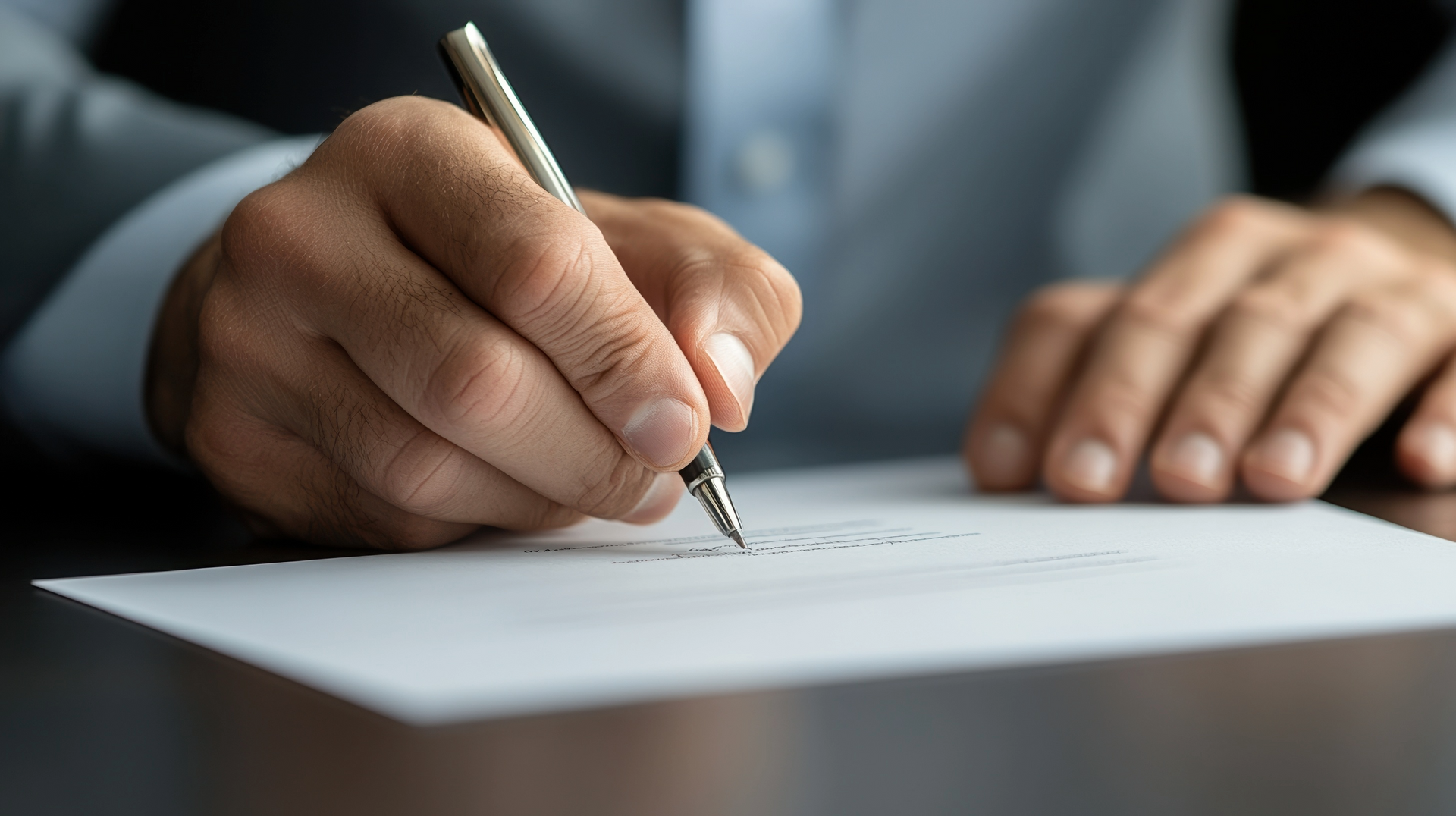 Person's hands writing with a pen on white paper.