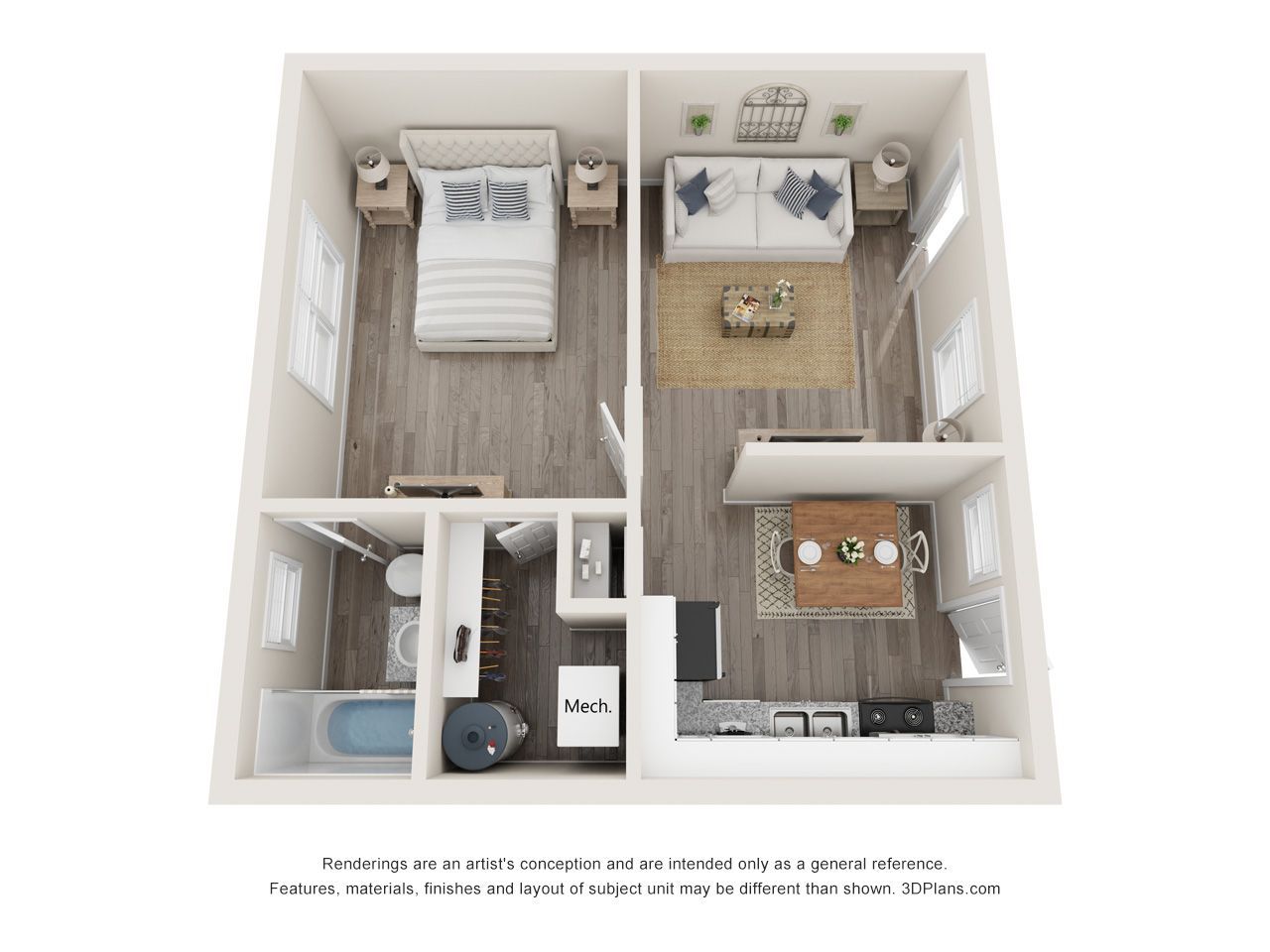 Top-down view of a small apartment floor plan with bedroom, living area, kitchen, and bathroom.