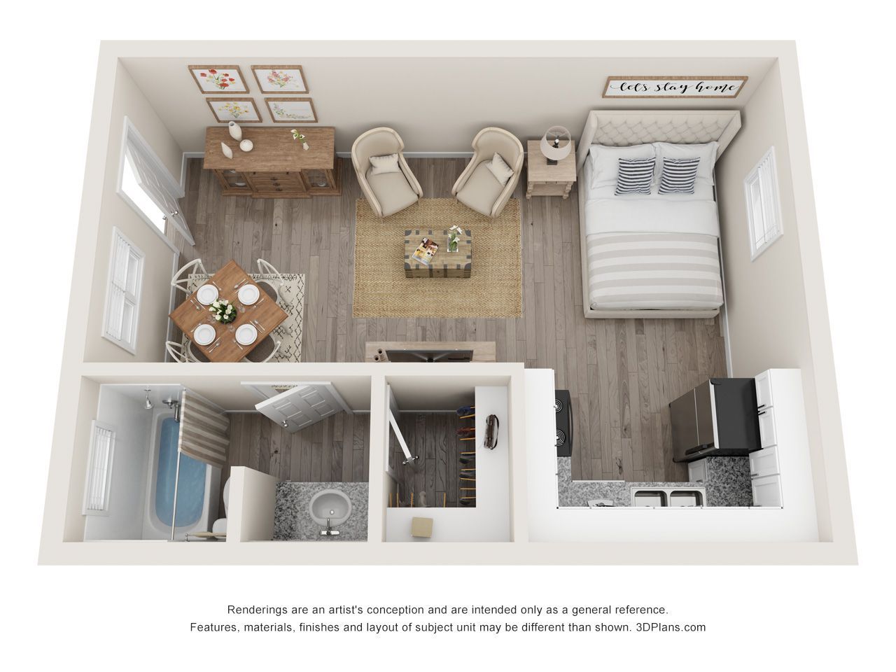 Top-down view of a furnished studio apartment with bed, seating area, desk, and bathroom.