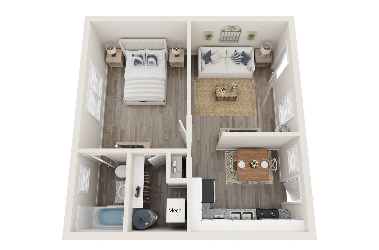 Top-down view of a small apartment floor plan with bedroom, living area, kitchen, and bathroom.
