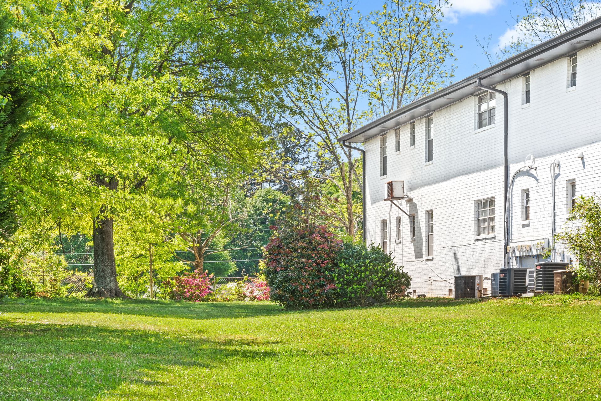 Sunny yard with green grass, leafy trees, and a white house with patio chairs.