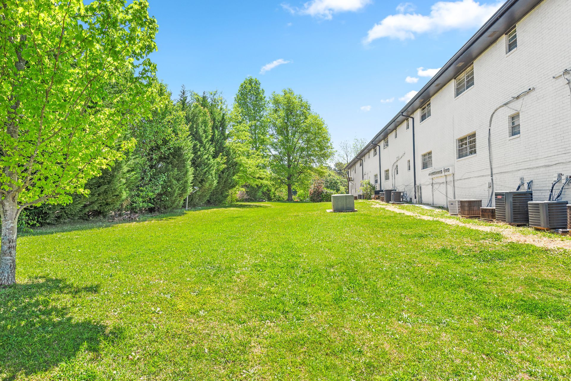 Grassy yard beside a white building, with trees and a blue sky on a sunny day