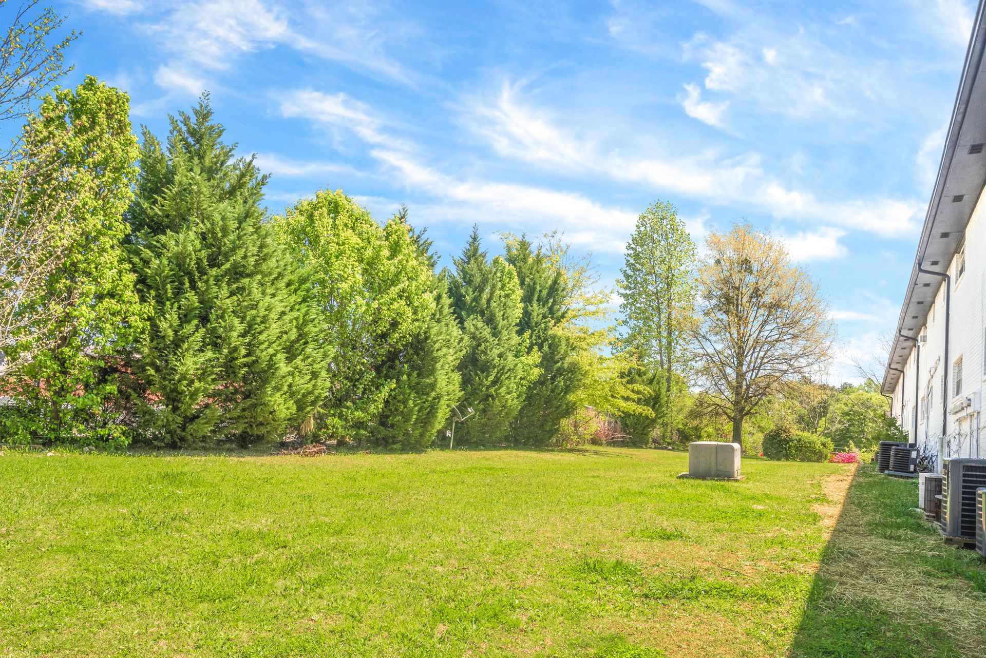 Sunny grassy yard beside a white building, with green trees and blue sky.