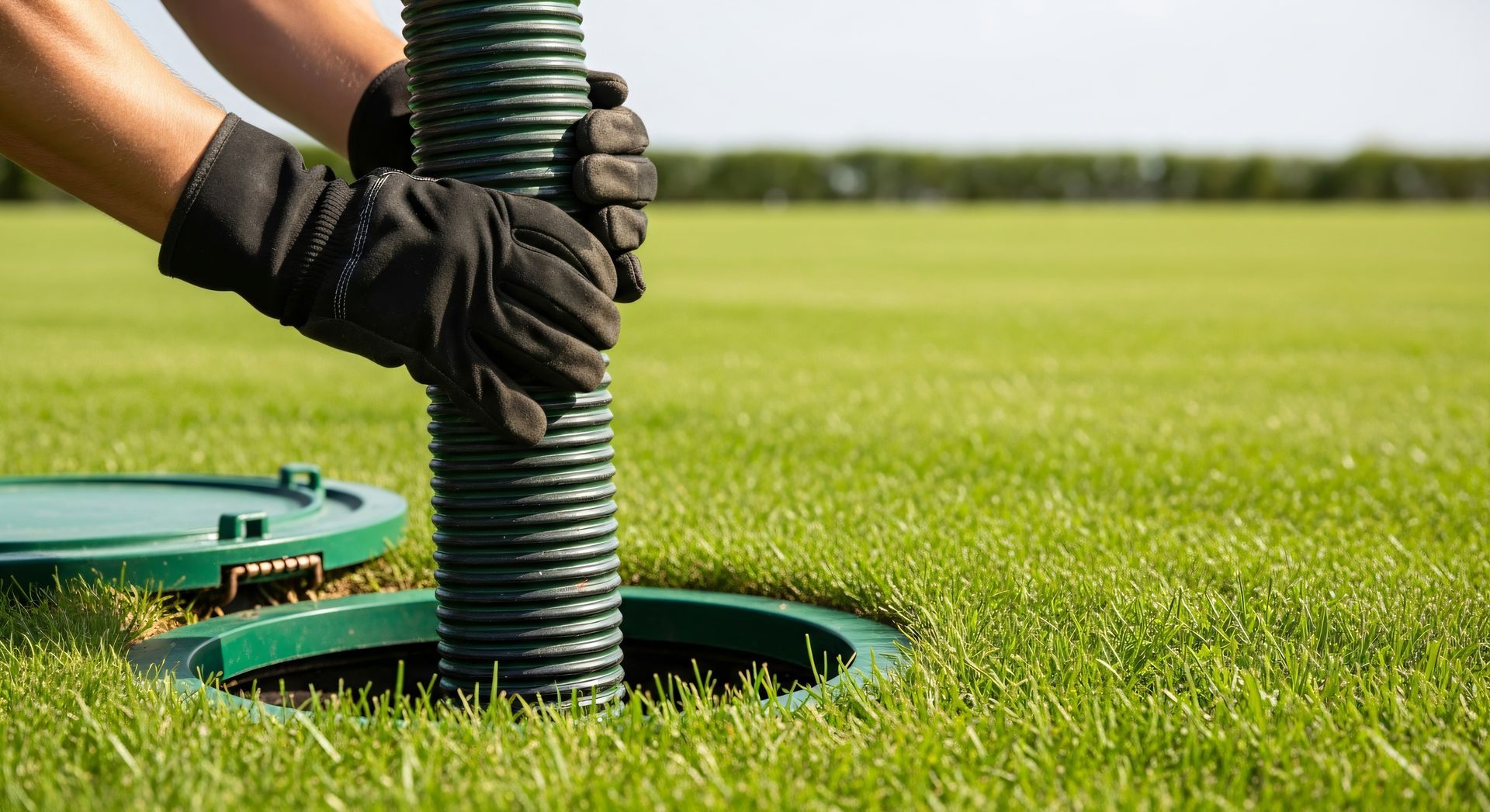 Gloved hands guide a corrugated pipe into a green tank riser set in grass for septic system repair.