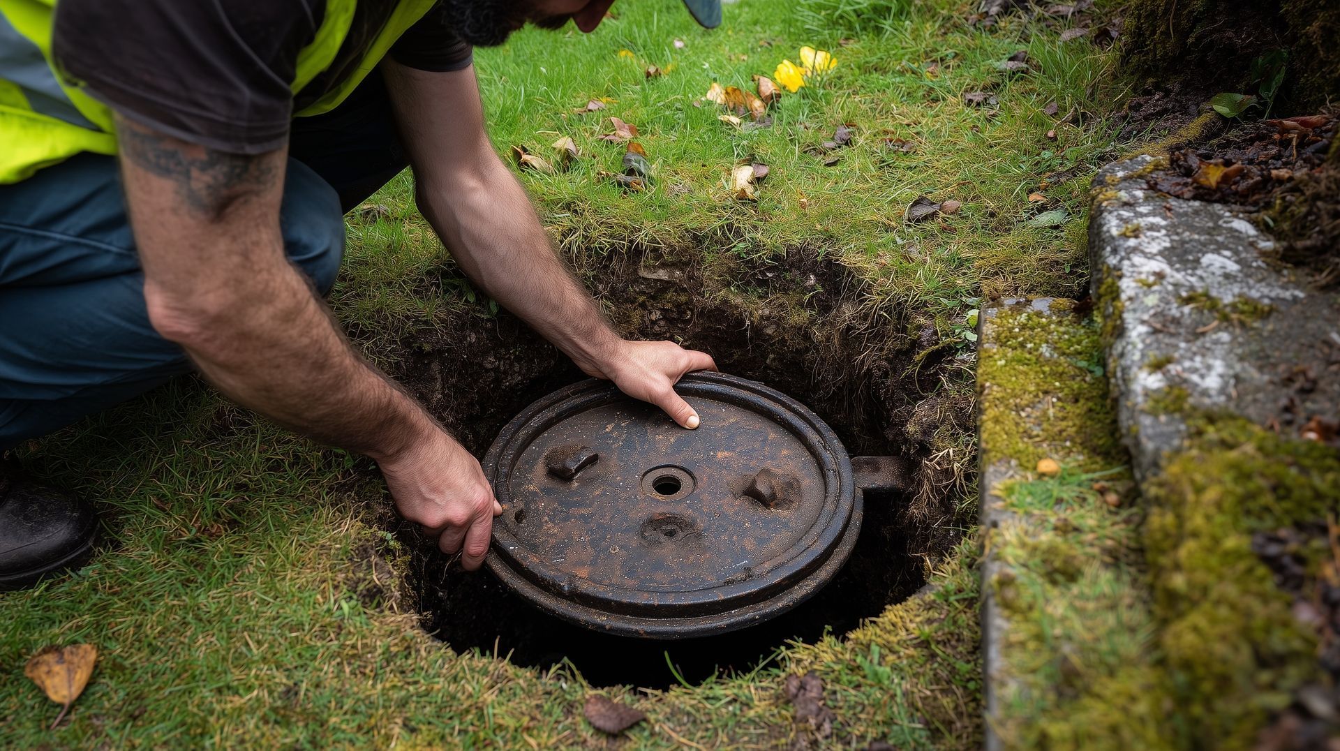 Worker pumping waste into a vacuum hose during septic tank cleaning for home maintenance. Worker lifting a round manhole cover in a grassy yard near a stone wall.