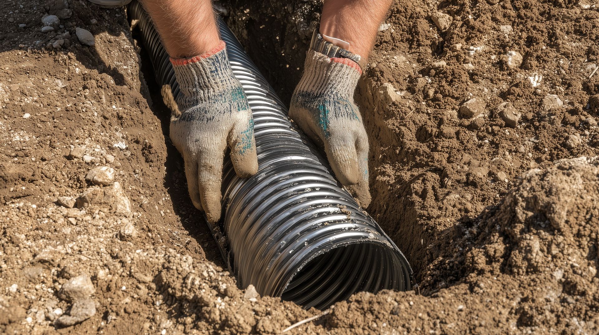 Gloved hands carefully guide corrugated drain pipe into an open trench during septic field repair.