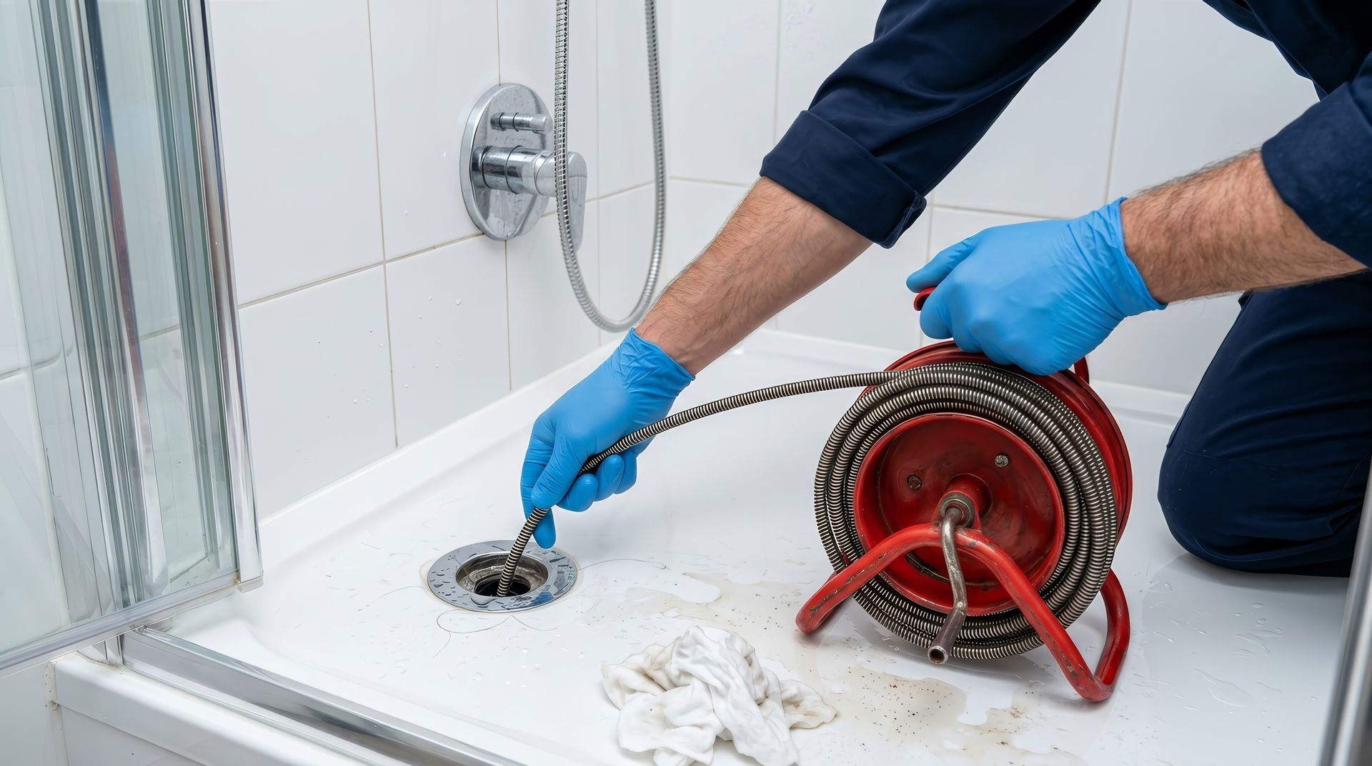 Drain cleaner using plumbing snake to clear clogged shower drain.
