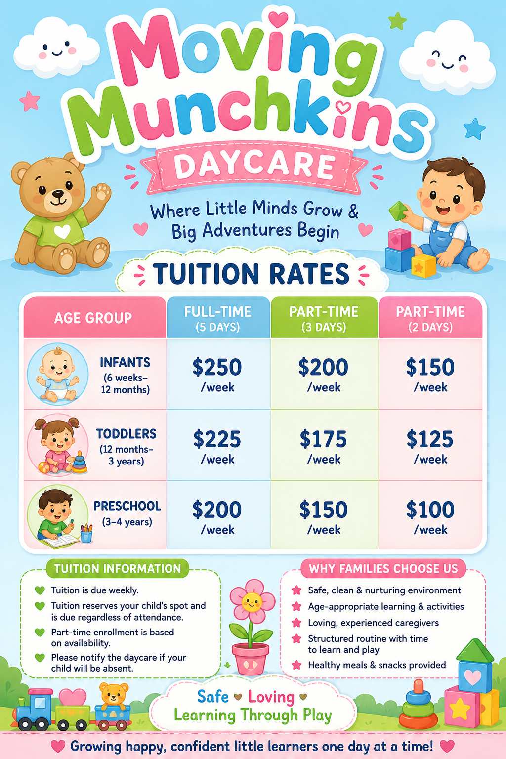 Moving Munchkins Daycare tuition rates poster with cartoon kids, clouds, stars, and a teddy bear on a blue background