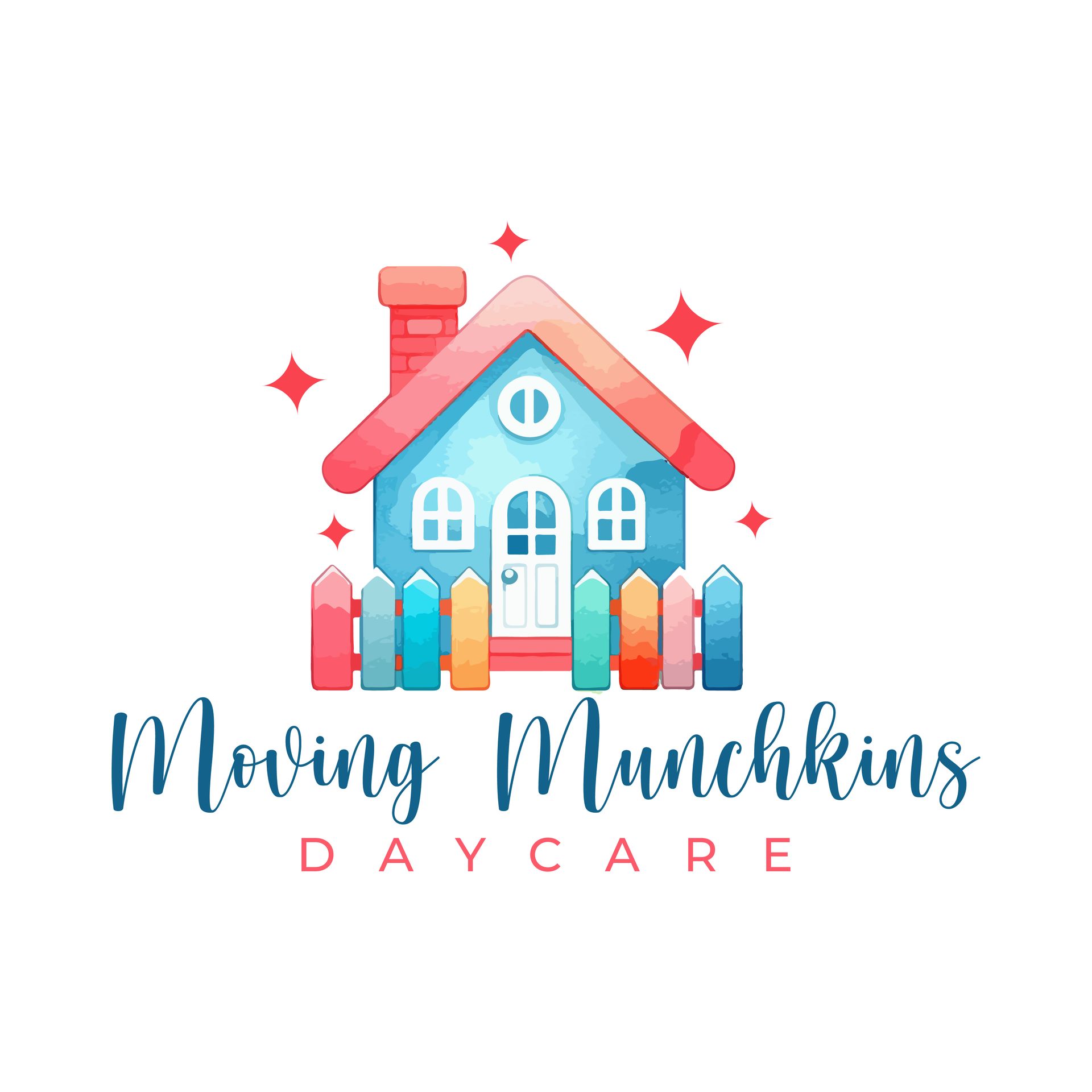 Moving Munchkins Daycare logo with a blue house, colorful fence, and red sparkles