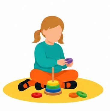 Children and a caregiver playing with colorful blocks at a table in a bright classroom