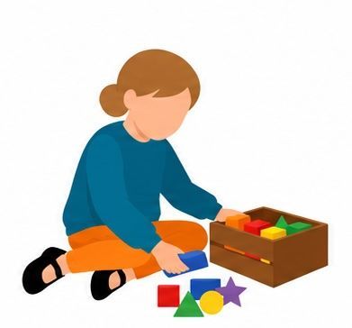 Child sitting on a sunlit carpet playing with colorful wooden alphabet blocks