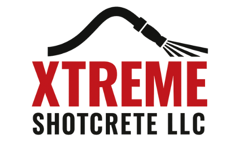Logo for XTREME SHOTCRETE LLC, with black hose spraying from above red text on white background.