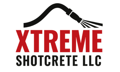 Logo for XTREME SHOTCRETE LLC. Text is red and black, with a black hose spraying water above.