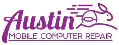 The logo for Austin Mobile Computer Repair is purple and has a rabbit on it.