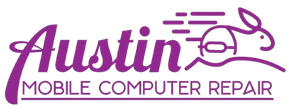 The logo for Austin Mobile Computer Repair is purple and has a rabbit on it.