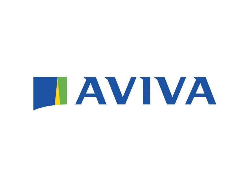 Aviva logo: blue text, stylized square with blue, green, and yellow stripes.
