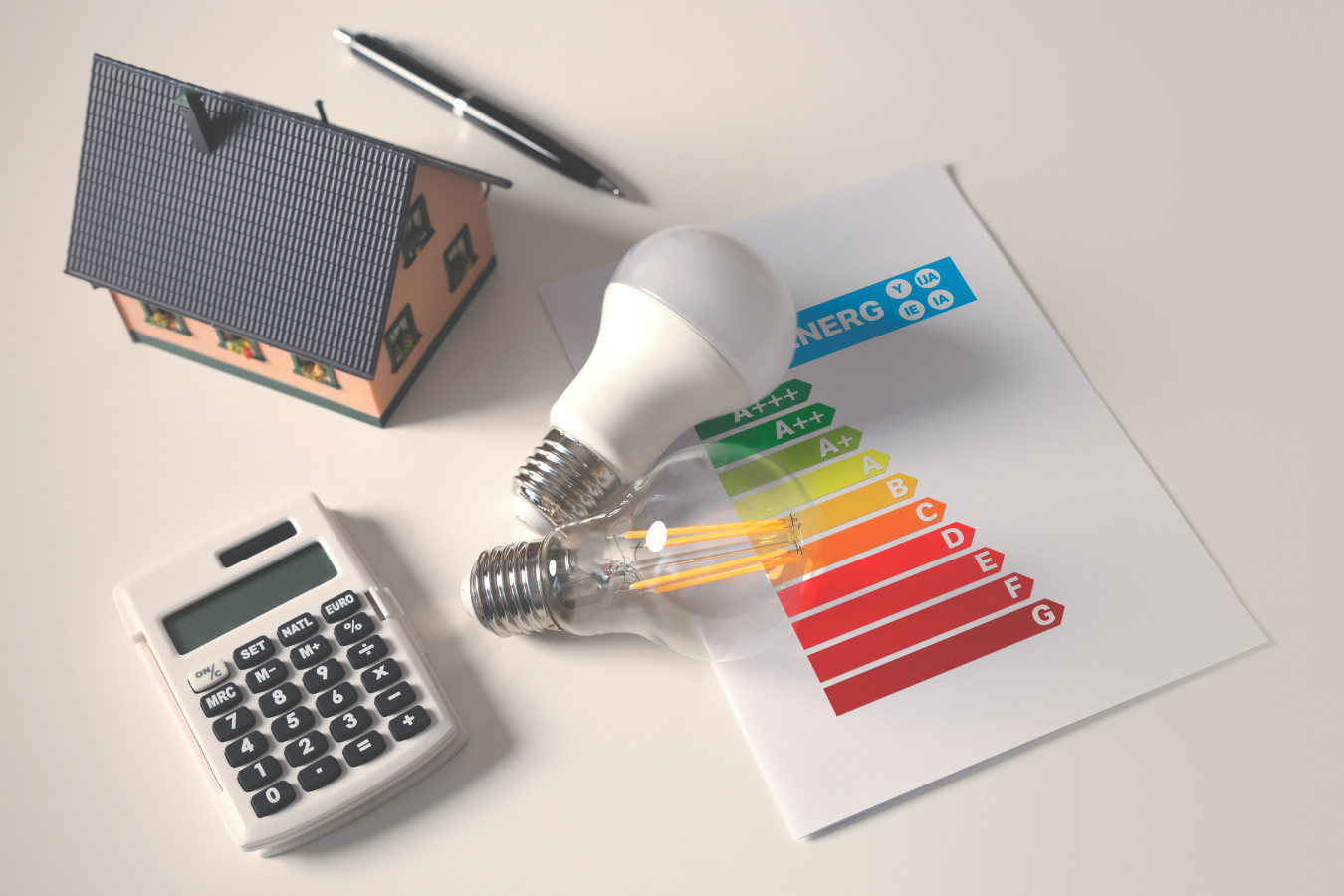 Miniature house, calculator, light bulbs, and energy rating chart on a white surface.