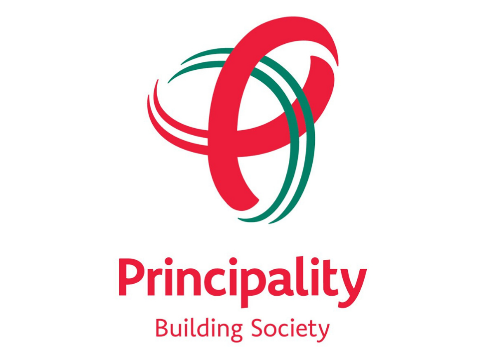 Logo of Principality Building Society: Red and green interlocking shapes with text below.