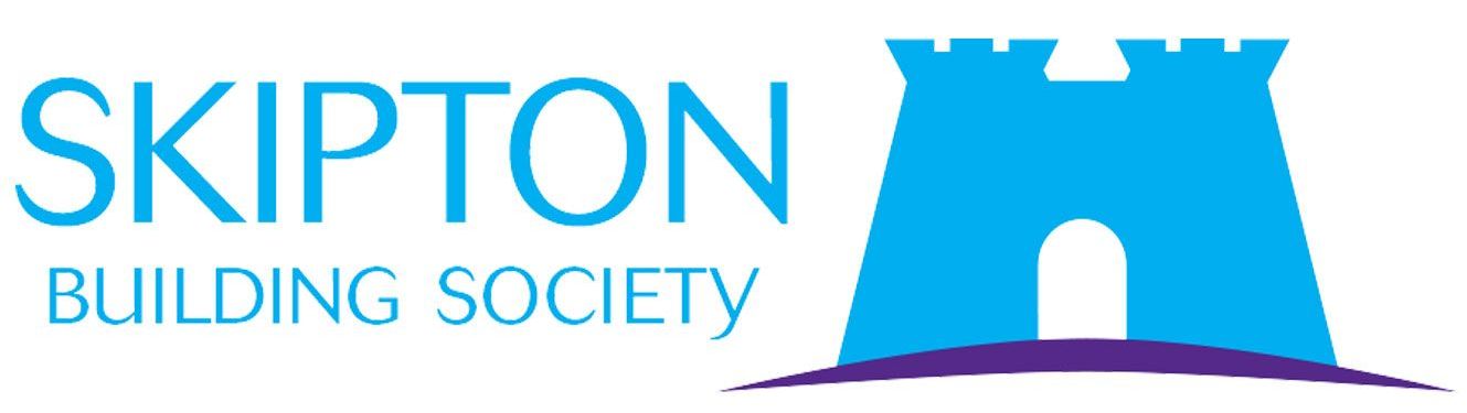 Skipton Building Society logo with blue text and castle icon on a purple base.