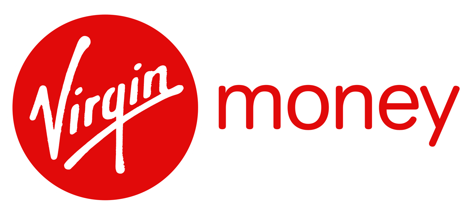 Virgin Money logo: White cursive "Virgin" in a red circle, "money" to the right in red.