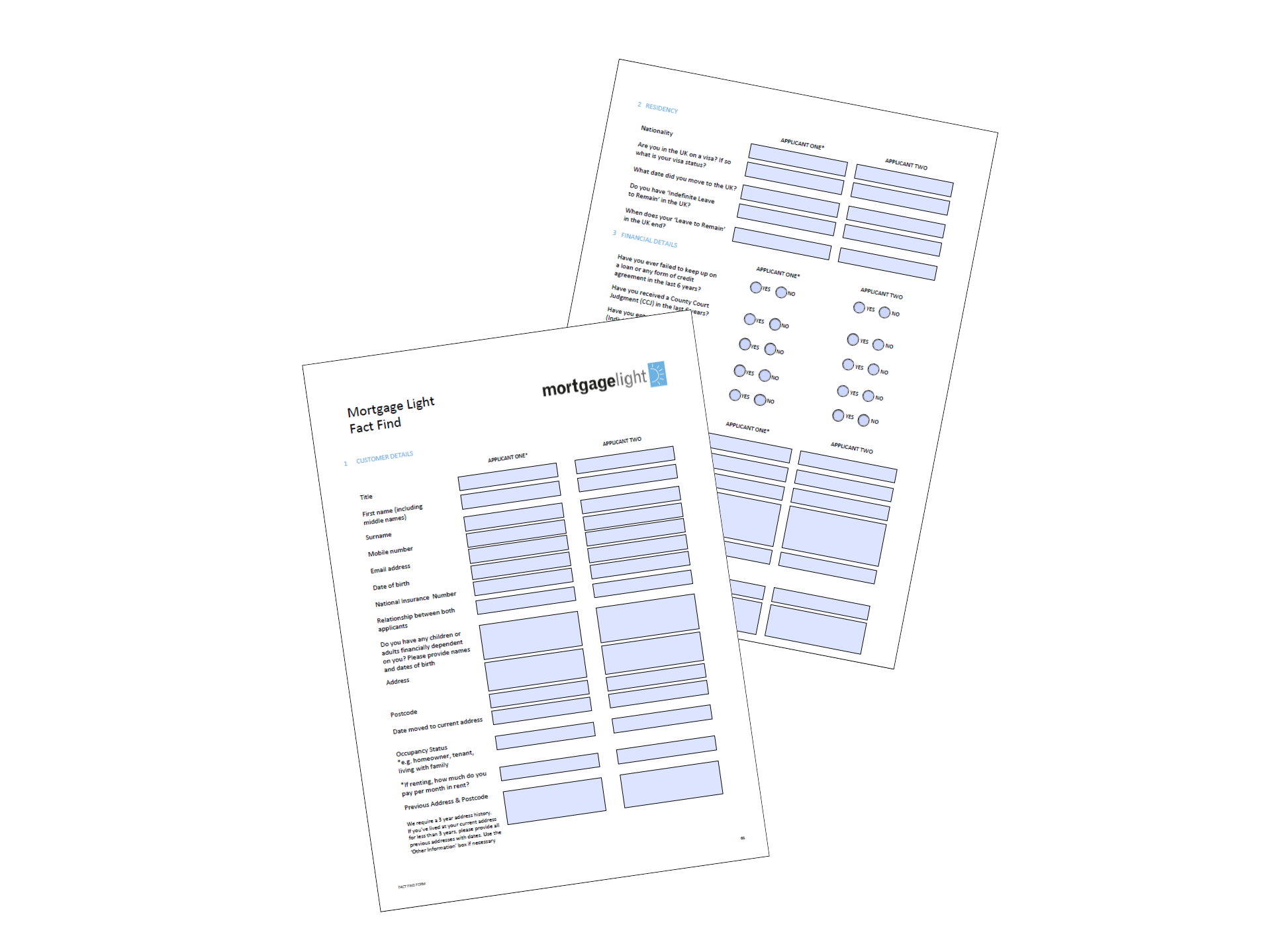 Two informational flyers with blue and white text on a white background.