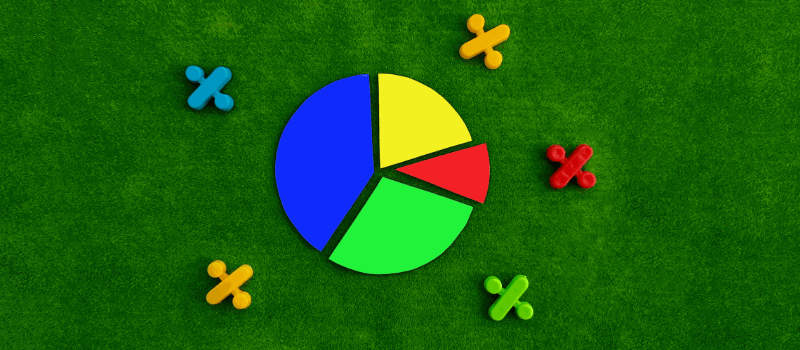 Pie chart with blue, yellow, green, and red sections, surrounded by colorful percentage symbols on green background.