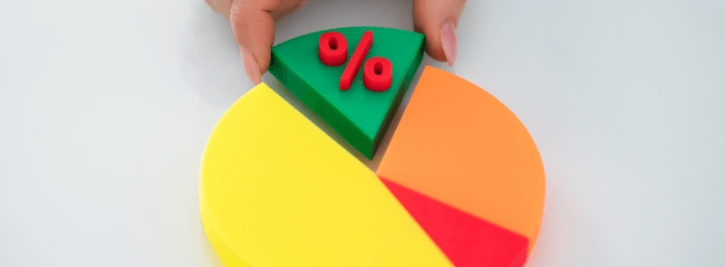 Person holding a green pie slice with a red percent symbol, part of a colorful pie chart.