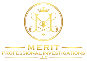 Gold logo for Merit Professional Investigations LLC: a monogram inside a circle, with a crown at the top; 