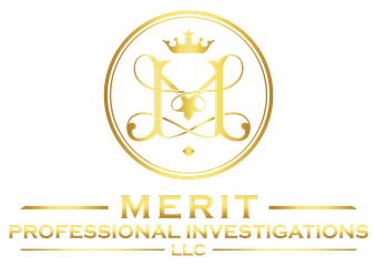 Gold logo for Merit Professional Investigations LLC: a monogram inside a circle, with a crown at the top; below, 