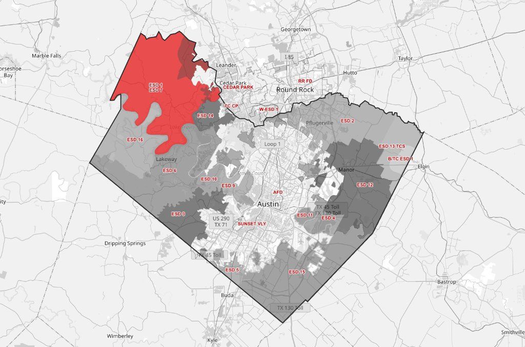 A map of a city with a red area in the middle.