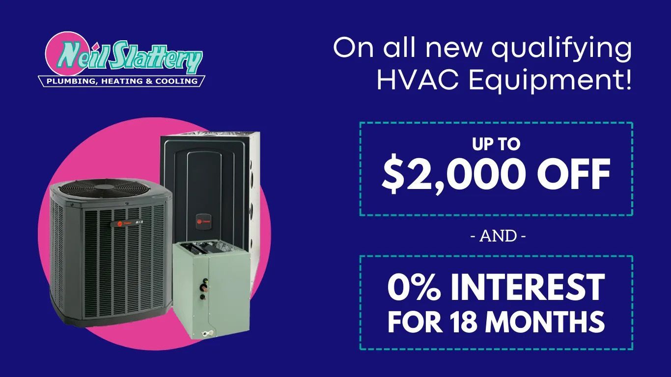 HVAC promo with air conditioners on purple background, offering up to $2,000 off and 0% interest for 18 months
