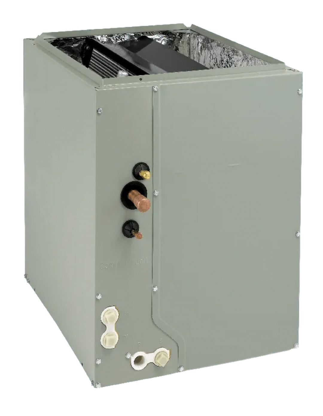Gray metal HVAC unit with side control knobs and top vents