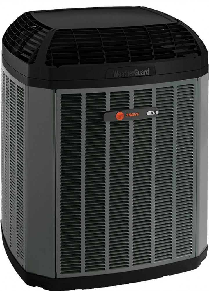 Black and gray air conditioner unit with front grille and top vents