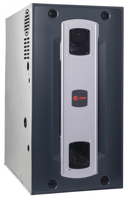 Large gray industrial machine with black vents and a central control panel, shown in front view.