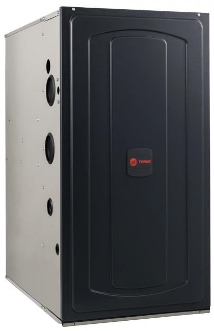 Black and silver furnace or HVAC unit with a front panel and side vents