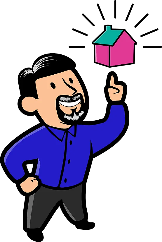 Cartoon man in blue shirt pointing at a pink house icon above his finger