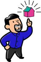 Cartoon man in blue shirt pointing at a pink house icon above his finger