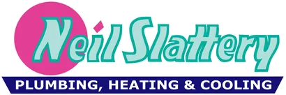Neil Slattery Plumbing, Heating & Cooling logo with teal script on a magenta oval