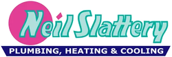 Neil Slattery Plumbing, Heating & Cooling logo with teal script on a magenta oval