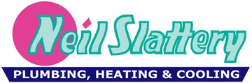 Neil Slattery Plumbing, Heating & Cooling logo with teal script on a magenta oval