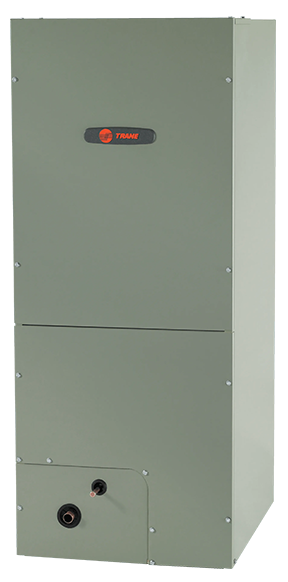 Tall olive-green metal HVAC cabinet with a small logo and lower access panel