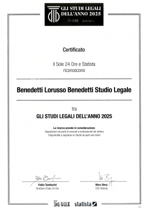 Certificate naming Benedetti Lorusso Benedetti Studio Legale as one of the Law Firms of the Year 2025 by Il Sole 24 Ore.