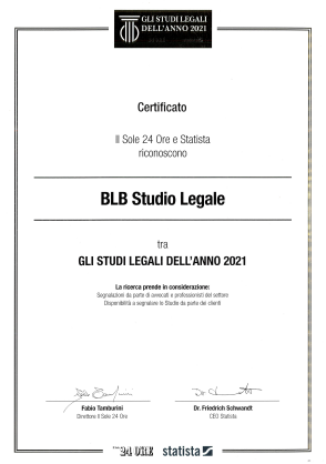 Un certificato di riconoscimento del 2021 da parte de Il Sole 24 Ore e Statista che nomina BLB Studio Legale uno degli studi legali dell'anno.