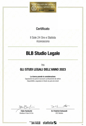 Certificato del Sole 24 Ore e di Statista che nomina BLB Studio Legale tra i migliori studi legali del 2023.