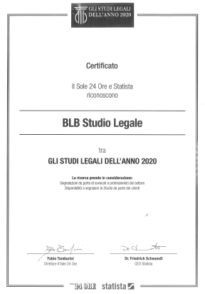 Certificato che riconosce BLB Studio Legale come uno degli studi legali dell'anno 2020 da Il Sole 24 Ore e Statista.