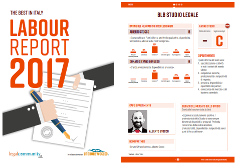 Infografica del Rapporto sul Lavoro 2017 per Lab Law Studio, che illustra la valutazione dello studio legale, i parametri di performance e i contatti chiave.