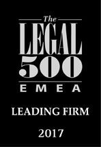 Il logo di Legal 500 EMEA 2017 Leading Firm in testo bianco su sfondo nero.