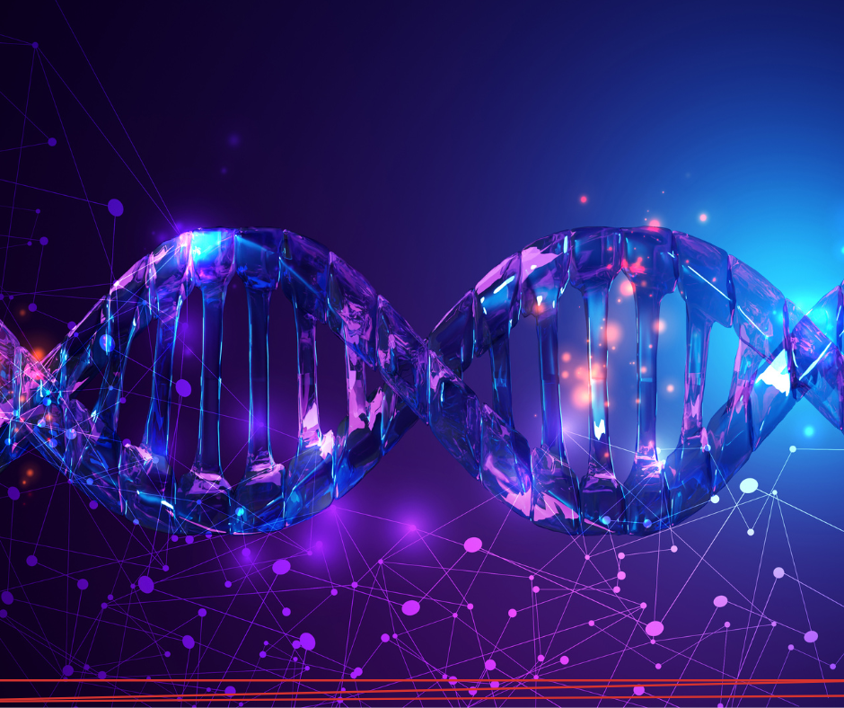 Una struttura a doppia elica di DNA traslucida e luminosa su uno sfondo viola scuro e blu con nodi di rete digitali.
