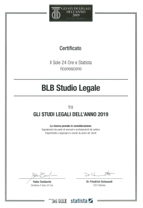 Un certificato del 2019 rilasciato da Il Sole 24 Ore e Statista che premia BLB Studio Legale come uno degli studi legali dell'anno.