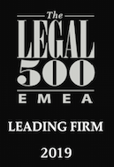 Il logo di Legal 500 EMEA Leading Firm 2019, caratterizzato da testo nero su sfondo chiaro.